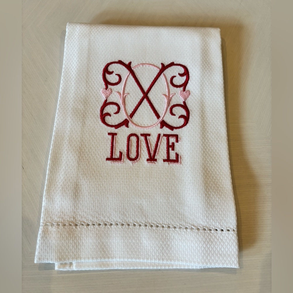 Embroidered LOVE Monogram White Decorative Tea Towel